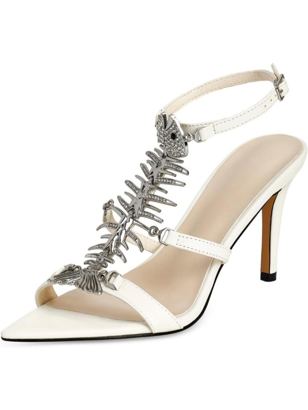 Women's White Faux Leather Fishbone Rhinestone Pointed Open Toe Sexy Dress Heels